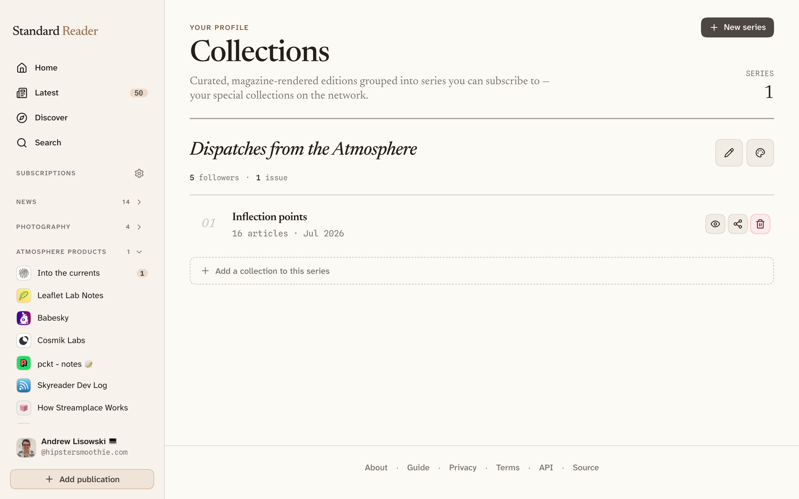 The Collections screen showing covers of magazine-style editions the reader has assembled, grouped into a series.