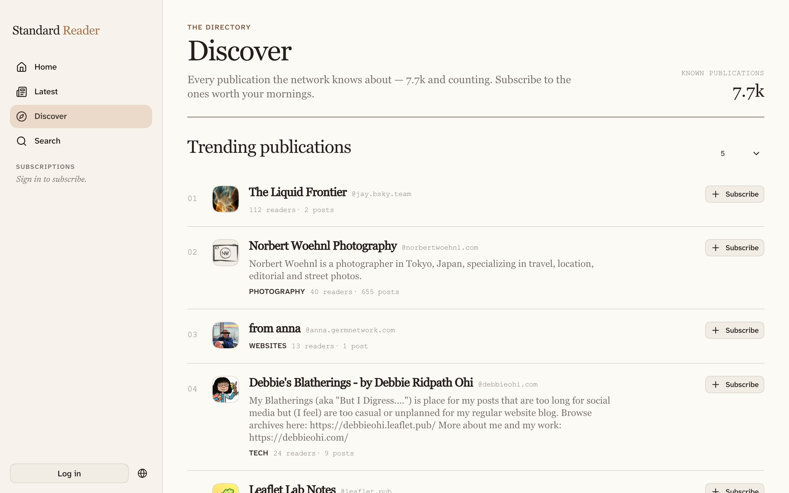 The Discover screen: a horizontal row of recommended publication cards, a list of trending publications, and below them the full directory with topic filters and a grid of publication cards.