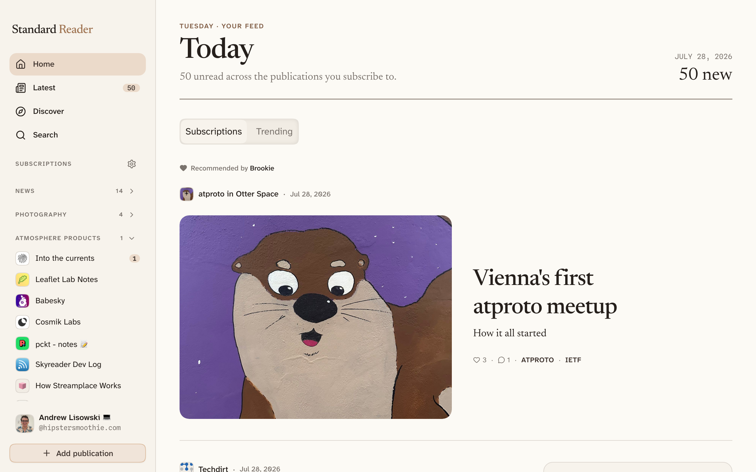 The Standard Reader home page: a large featured article at the top, a column of newer articles from publications the reader follows below it, and a narrow right-hand column listing trending articles and suggested publications.