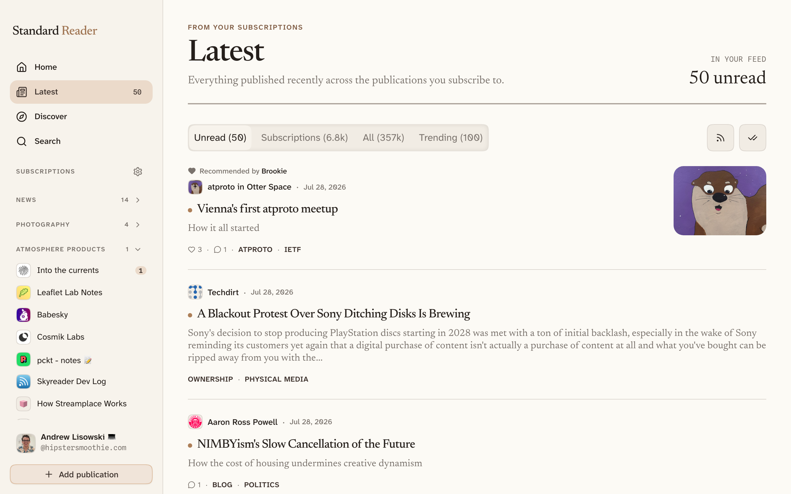 The Latest screen showing a row of filter tabs — Unread, Subscriptions, All, and Trending — each with a number beside it, above a chronological list of articles.