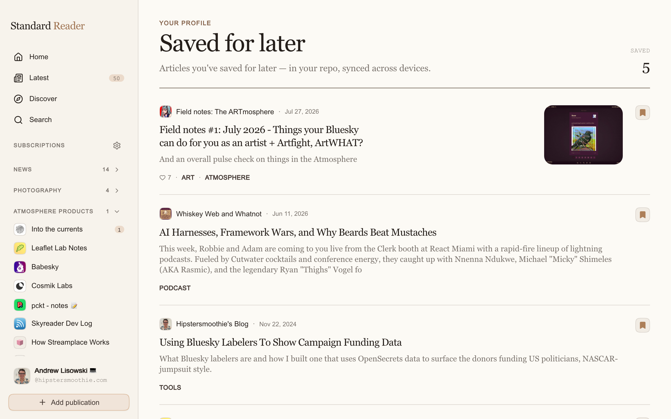 The Saved screen: a list of article cards the reader has set aside, each with its publication, headline, and excerpt.