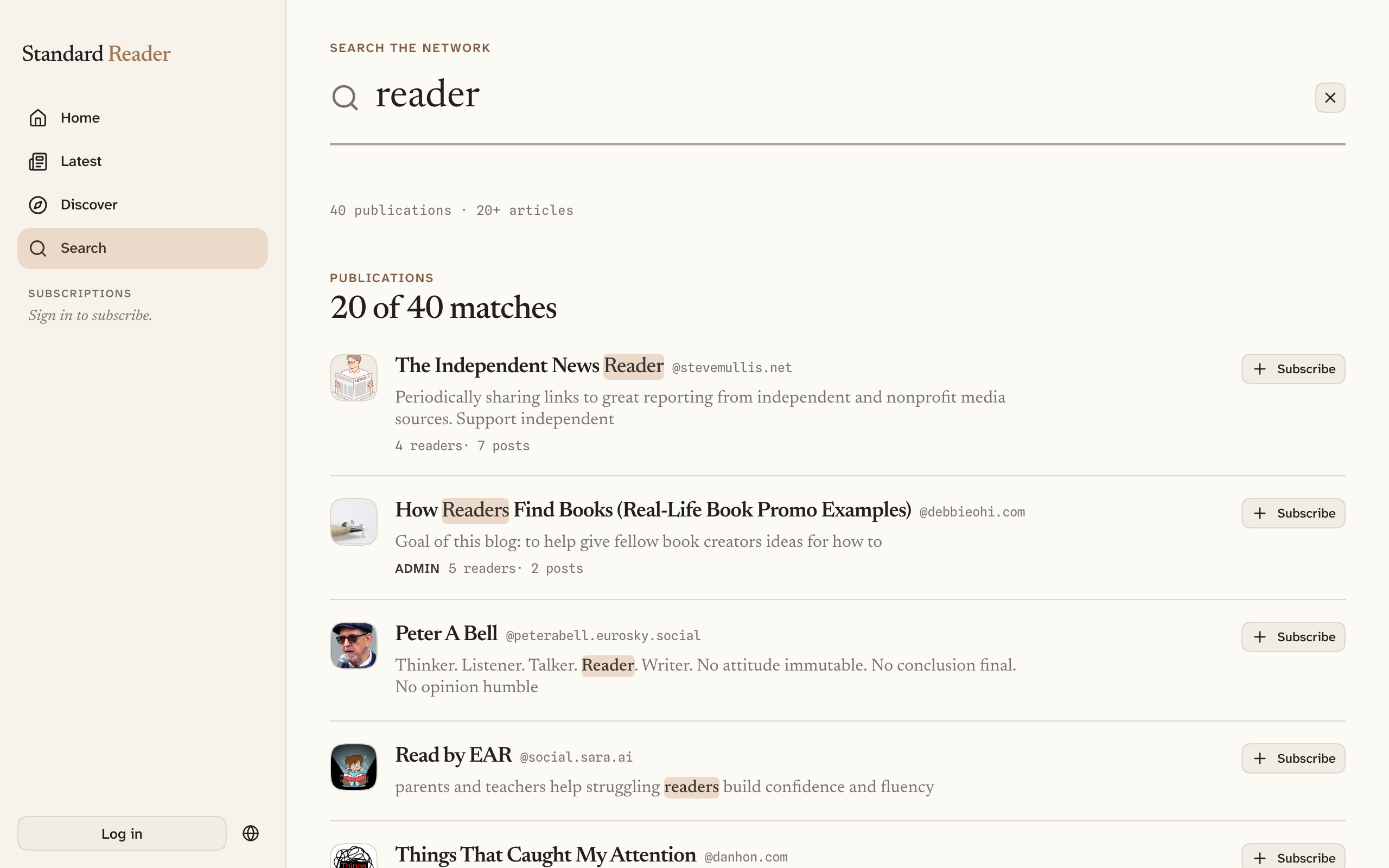 Search results for a query, split into a Publications section and an Articles section, with the matching words highlighted inside each result's excerpt.