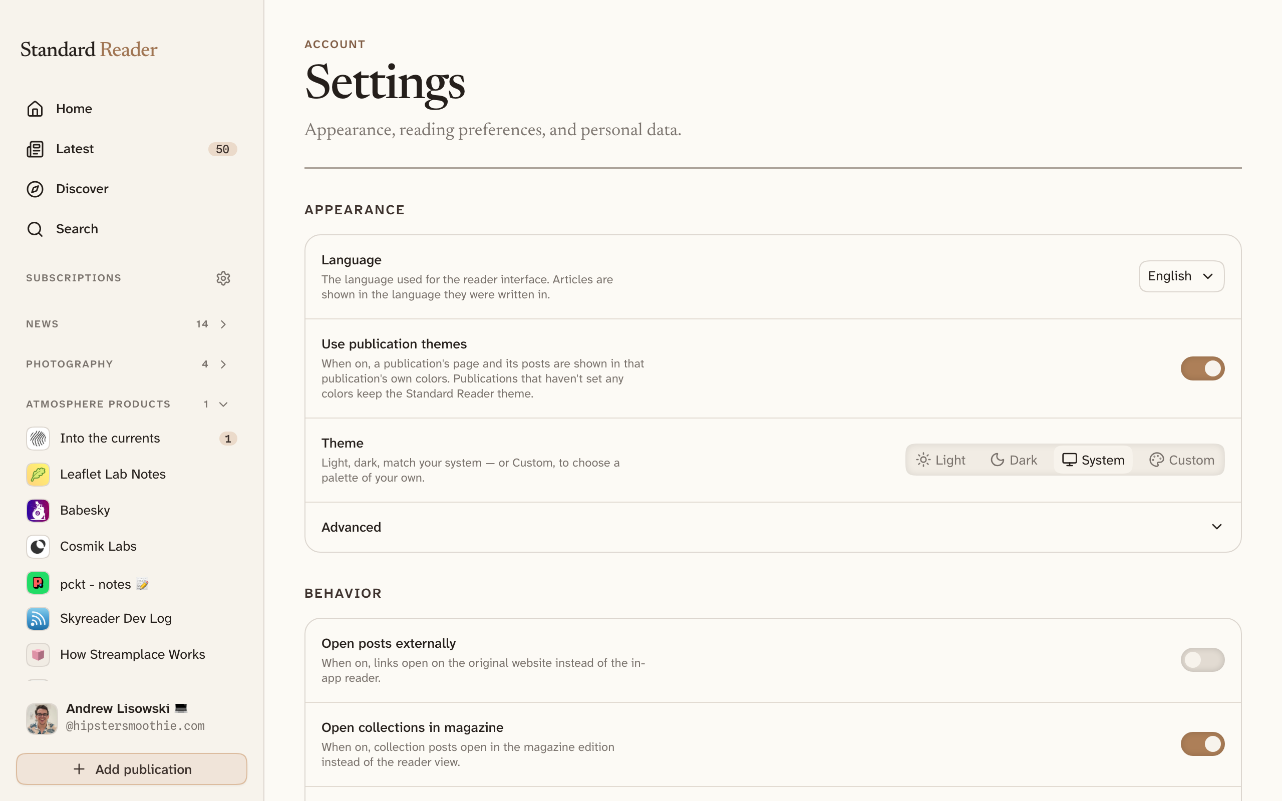 The settings page, showing sections for Appearance, Behavior, Feed, Sidebar, Weekly digest, Reading, Moderation, Connected apps, and Personal data.